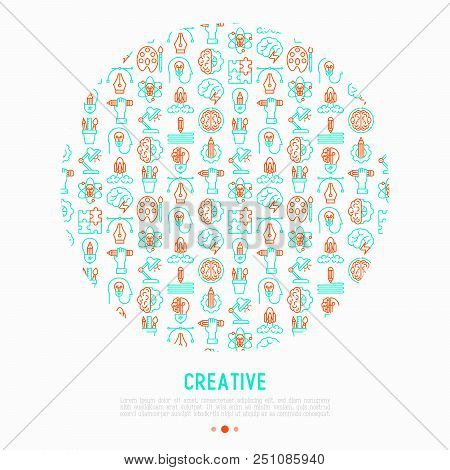 Creative Concept In Circle With Thin Line Icons: Generation Of Idea, Start Up, Brief, Brainstorming,