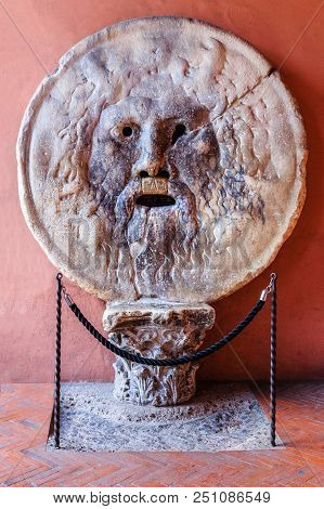 Rome, Italy - June 16, 2018: Bocca Della Verita, The Mouth Of Truth, Church Of Santa Maria In Rome, 