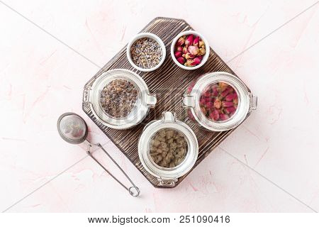 Dried Rose Flower Buds And Flowers In Glass Jars. Herbal Tea, Cleansing, Organic Bio Products. Top V