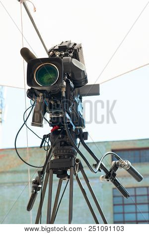 Professional Video Camera For Broadcasting On A Tripod