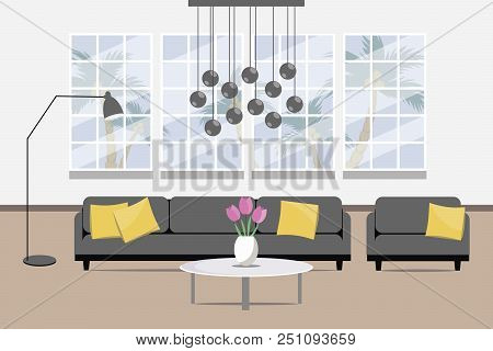 Living Room Design. Flat Style. Vector Illustration.