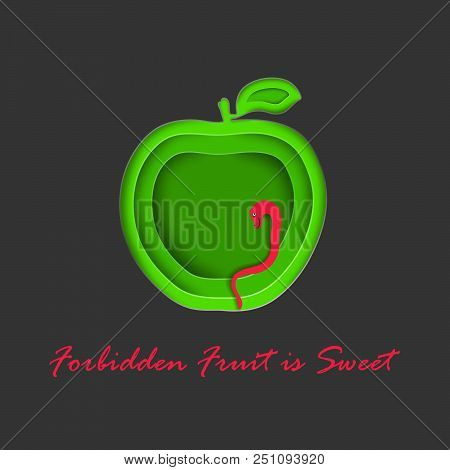 Paper Cut Out Apple With Snake Symbolizing Evil Temptation. Green Apple And Bright Red Snake On The 