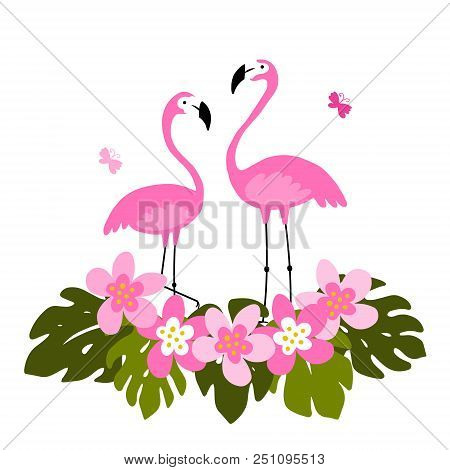 Tropical Background With Pink Flamingos, Palm Leaves And Flowers.  Exotic Bird.