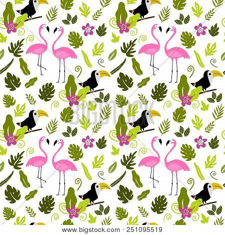 Seamless Pattern With Flamingo, Toucan And Palm Leaves. Wildlife. Jungle.