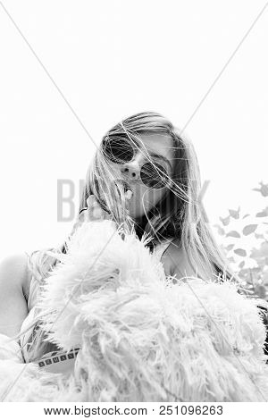 Closeup Fashion Young Girl Posing . Stylish Woman In White Fur And Sport Red Pants With Red Wooman B