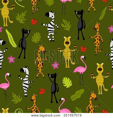 Seamless Pattern With Flamingo, Giraffe, Zebra, Tiger, Panther And Palm Trees. Wildlife. Jungle.