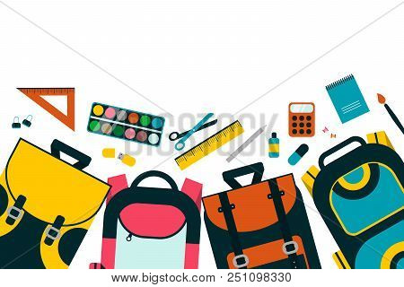 Colourful Children Schoolbags On White Background. School Accessories.