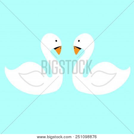 Pair White Swans On The Water. Vector Flat Illustration.