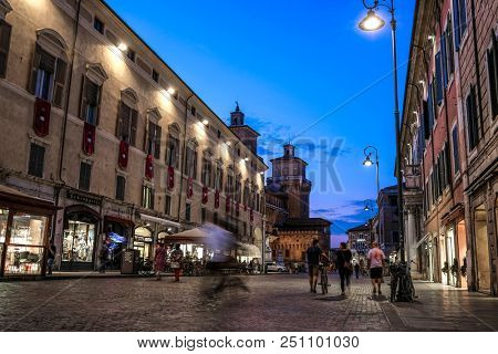 Ferrara, Italy - July, 23, 2018: street in the historical center of Ferrara at a night