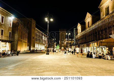 Ferrara, Italy - July, 23, 2018: street in the historical center of Ferrara at a night