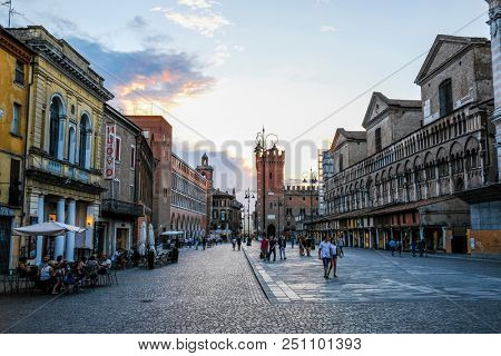 Ferrara, Italy - July, 23, 2018: street in the historical center of Ferrara at a night