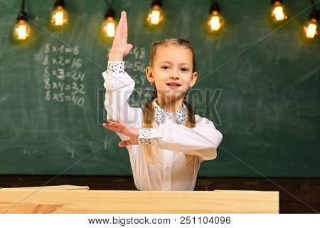 Excellent Pupil. Excellent Pupil With Raised Hand. Excellent Pupil Knows Answer. School Lesson With 