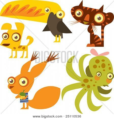 Vector Tier Set: Tukan, Tintenfisch, Eichhörnchen, Katze, Hund