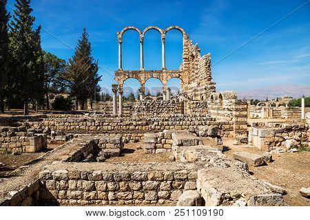 Arches At The Ruins Of Umayyad In Anjar With Blue Sky, Bekaa Valley, Lebanon