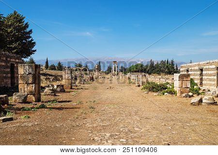 Umayyad City Ruins In Anjar With Mountains, Bekaa Valley, Lebanon