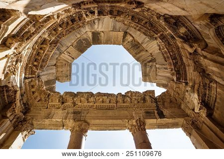 Stucco And Columns Shined By Sun At The Jupiter Temple In Baalbek, Bekaa Valley, Lebanon