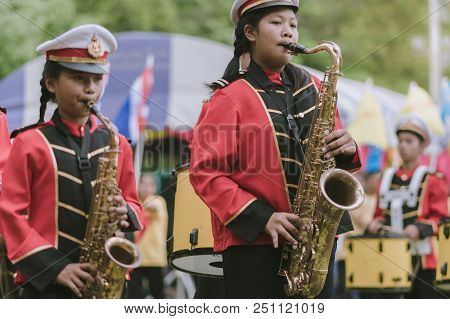 Kanchanaburi Thailand - July 18 :   Thai School Marching Band On