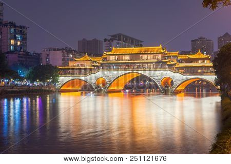 Chengdu Anshun Bridge Over The Jin River At Night, Sichuan, China