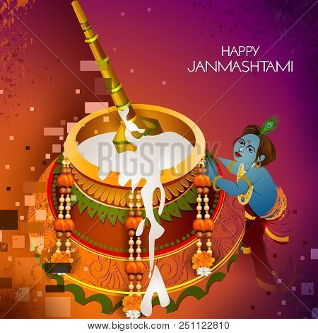 Lord Krishna Eating Makhan Cream On Happy Janmashtami Holiday Indian Festival Greeting Background