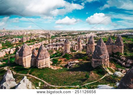 Famous Love valley with penis shape rocks in Cappadocia, Turkey