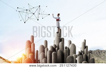 Young Female Doctor With Folder In Hands Satnding On Stone Column. 3d Rendering