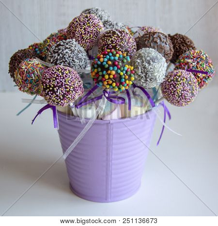 Colored Sweet Cake Pops Candy. Candy Bar And Popcakes Catering Concept For Birthday, Wedding And Oth