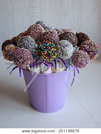 Colored Sweet Cake Pops Candy. Candy Bar And Popcakes Catering Concept For Birthday, Wedding And Oth