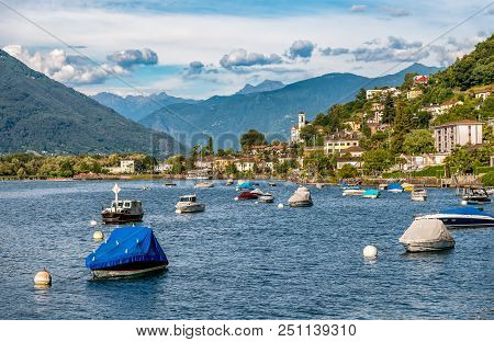 View Of Magadino Village From Beach Of Vira Village Fraction Of Gambarogno, Ticino, Switzerland