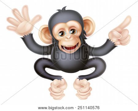 Cartoon Chimp Monkey Like Character Mascot Waving And Pointing