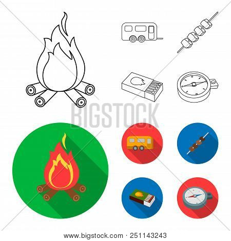 Trailer, Shish Kebab, Matches, Compass. Camping Set Collection Icons In Outline, Flat Style Vector S