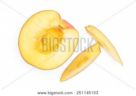 Group Of One Half Two Slices Of Ripe Deep Red Nectarine Flatlay Isolated On White