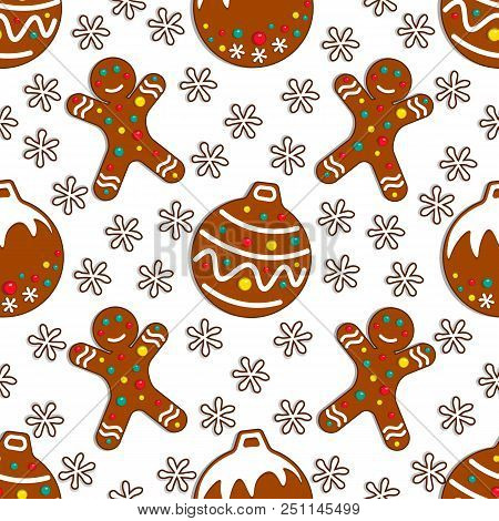 Cartoon Gingerbread Candy Seamless Pattern On White Background With Christmas Toy And Gingerman. Vec