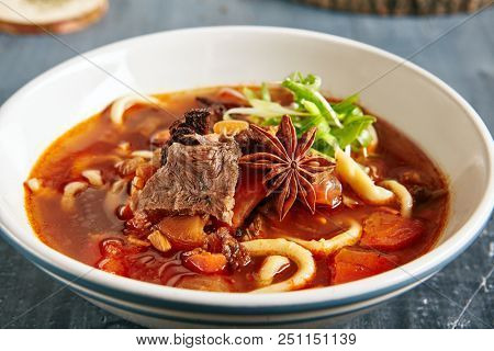 Lagman or Laghman is a Central Asian Dish of Pulled Homemade Noodles, Prepared from a Stringy Dough with a Special Recipe. Traditional Thick Warming Beef Soup is Popular in Uzbekistan and Kazakhstan
