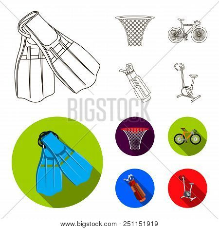 Flippers For Swimming, Basketball Basket, Net, Racing Holograph, Golf Bag. Sport Set Collection Icon