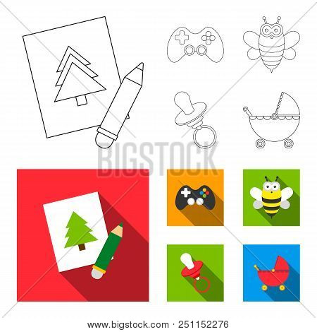 Picture, Dzhostik, Bee, Nipple.toys Set Collection Icons In Outline, Flat Style Vector Symbol Stock 