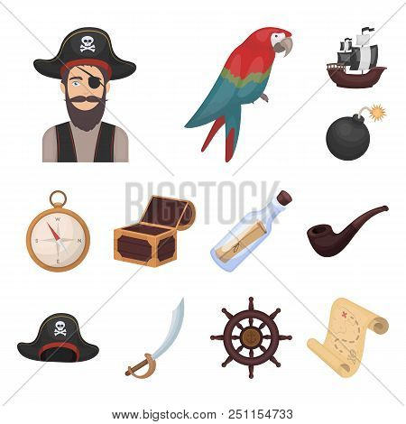 Pirate, Sea Robber Cartoon Icons In Set Collection For Design. Treasures, Attributes Vector Symbol S