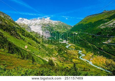 Summer landscape of Switzerland mountain nature, view to Furkapass