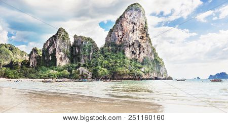 Amzing Landscape With Traditional Longtail Boats, Rocks, Cliffs, Beautiful Sea Tropical And White Ra