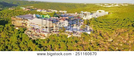 Aerial Colorful Restaurant And Vacation Homes In Lush Green Forest