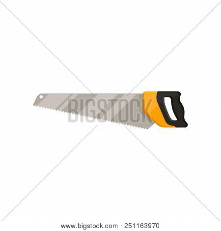 Colorful Icon Of Crosscut Hand Saw With Long Steel Blade. Tool For Cutting Wood. Graphic Element For
