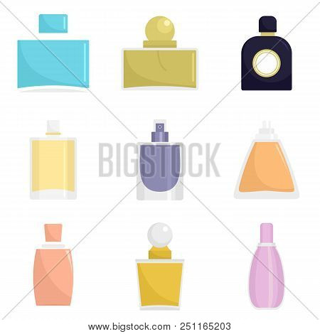 Fragrance Bottles Aroma Flavor Perfume Icons Set. Flat Illustration Of 9 Fragrance Bottles Aroma Fla