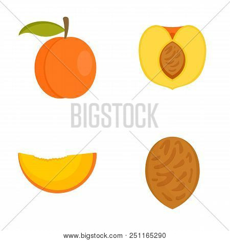 Peach Tree Slices Fruit Half Icons Set. Flat Illustration Of 4 Peach Tree Slices Fruit Half Vector I