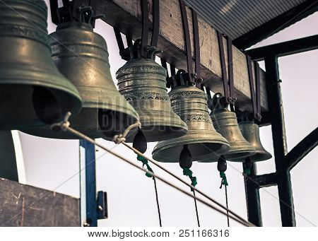Set Of Church Bells. Toning Photo In Retro Style.