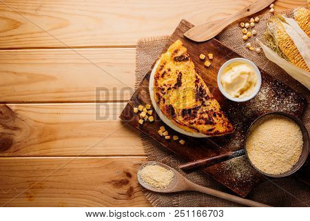Typical Venezuelan Cuisine, Top View Of A Wooden Table With Several Ingredients For The Preparation 