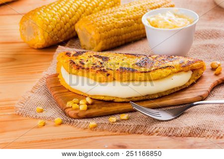 Cachapa With Cheese, Typical Venezuelan Dish Made With Corn, Cheese And Butter