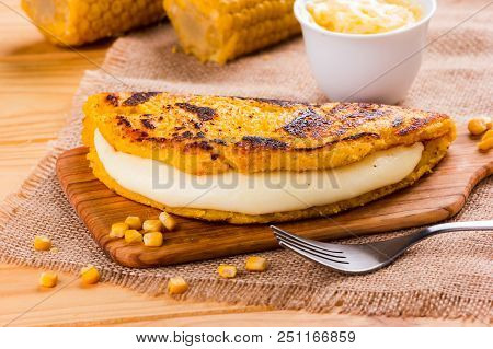 Cachapa With Cheese, Typical Venezuelan Dish Made With Corn, Cheese And Butter