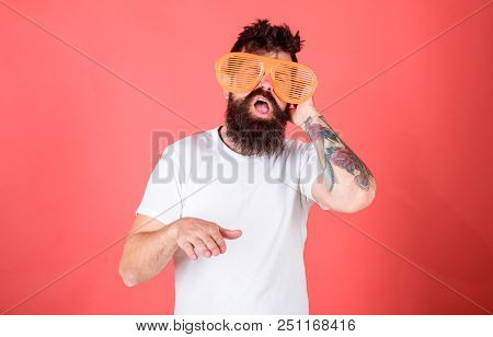 Man Bearded Hipster Wears Giant Louvered Sunglasses. Hipster Wears Shutter Shades Sunglasses. Sungla