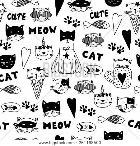 Seamless Pattern With  Doodle Cats. Black And White Hand Drawn Animals.  Can Be Used For Child Books