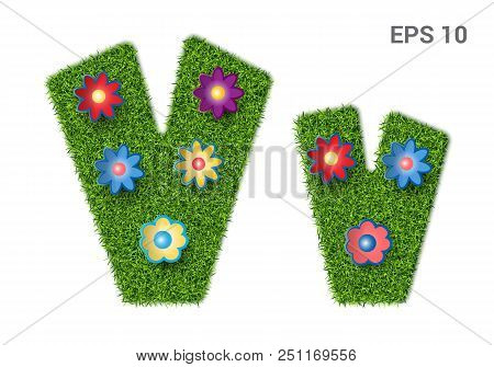 Vv - Capital And Capital Letters Of The Alphabet With A Texture Of Grass. Moorish Lawn With Flowers.