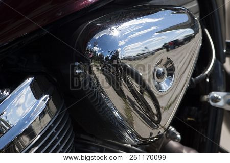 Tolyatti, Russia, June 25, 2005: Motorcycle Show Of Bikers. Shiny Chrome Motorcycle Engine Block Cho